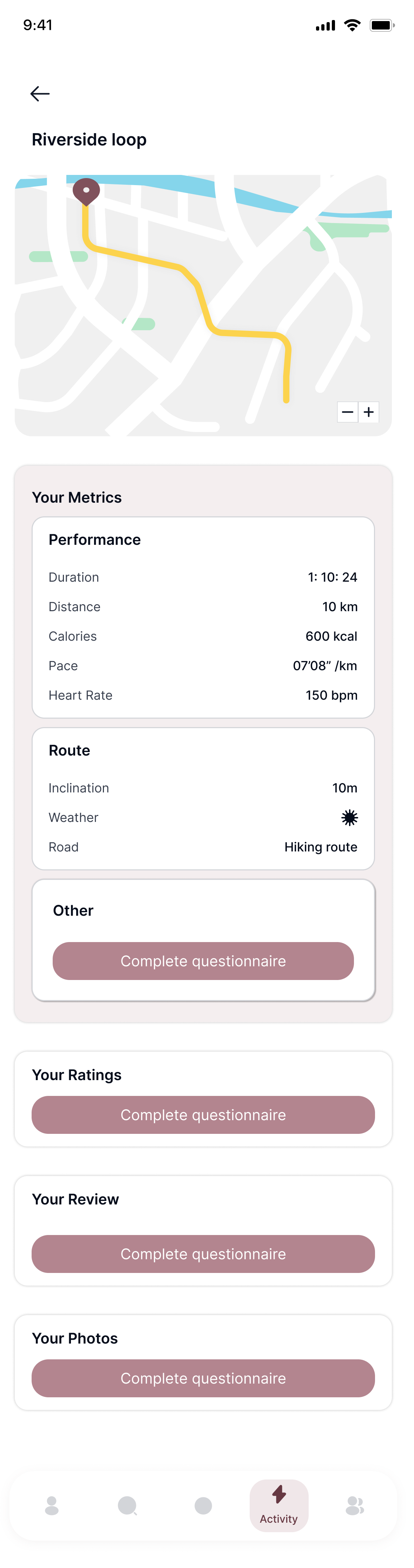Activity details screen with incomplete questionnaire prompt